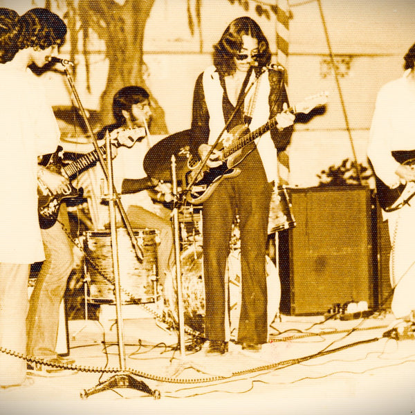 A young Shawn Rae performing live with his band in a vintage sepia photograph