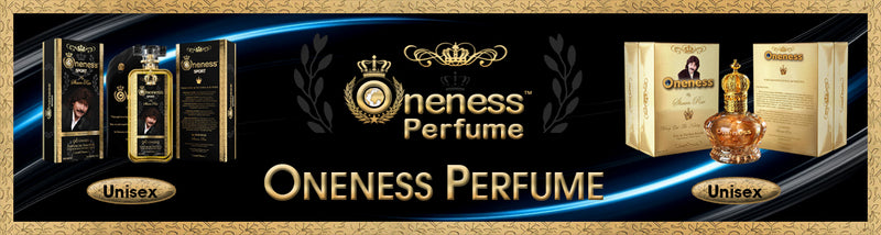 Oneness Perfume header banner with gold perfume bottles packaging unisex fragrance dark background