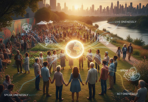 Diverse group holding hands around a glowing globe with "Oneness" text overlays at sunset