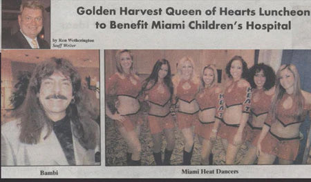 Newspaper clipping featuring Shawn Rae as Bambi and the Miami Heat Dancers at a charity event