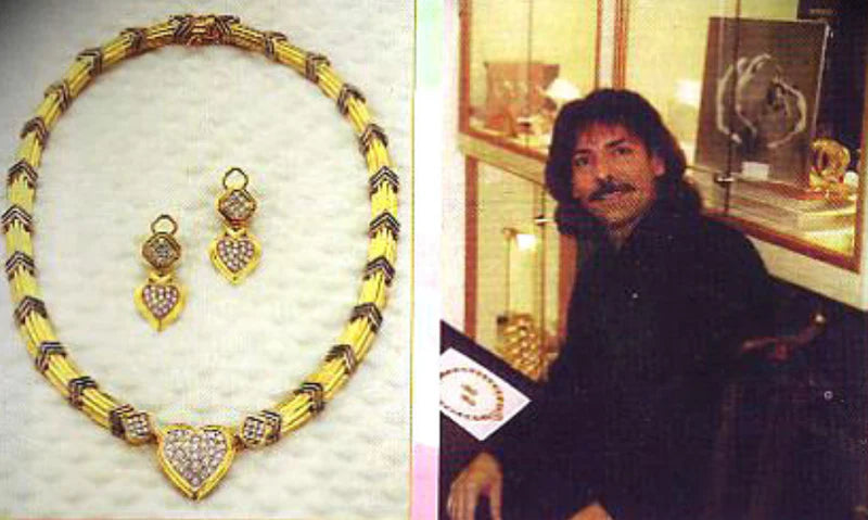 Shawn Rae posing next to a luxury gold and diamond heart jewelry set