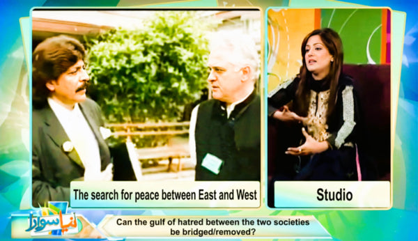 Split-screen with two people outdoors and one person in a studio, with text overlay about peace between East and West.