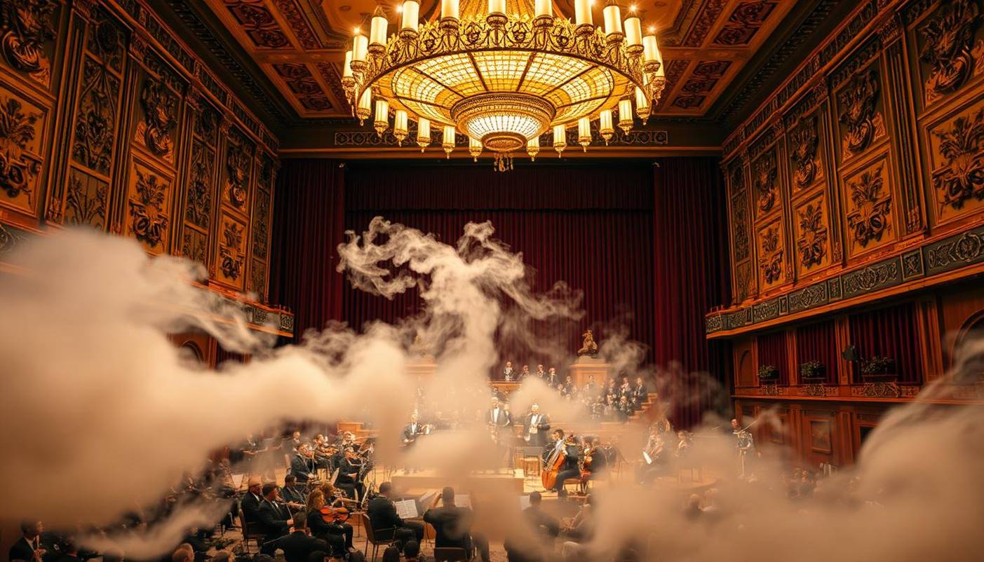 An orchestra performing in a grand hall under a massive chandelier with swirling white smoke