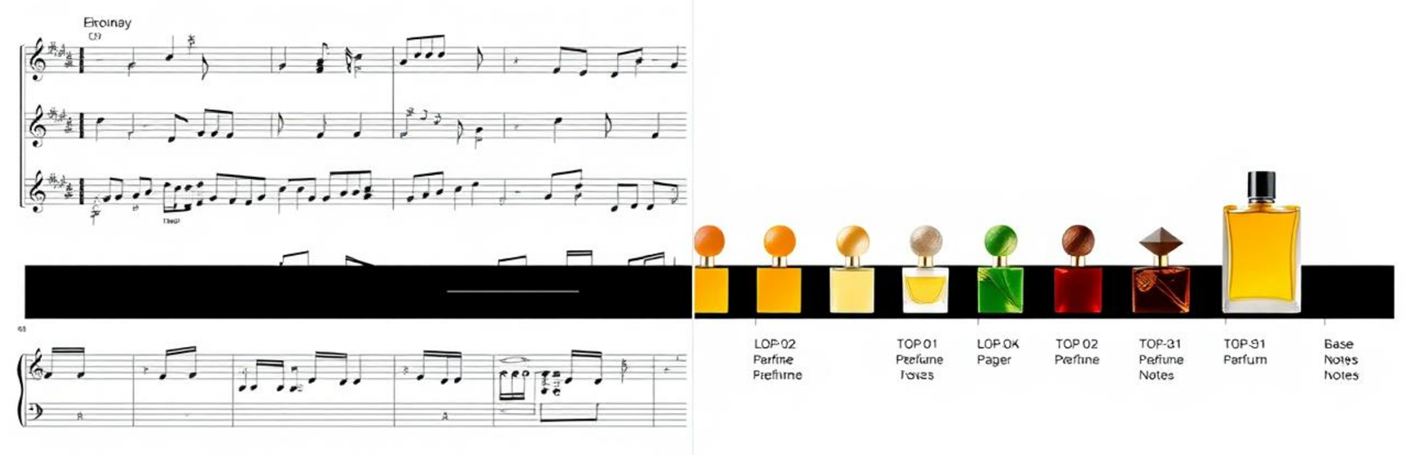 Music sheet notes with perfume fragrance bottles showing notes chart blog article image