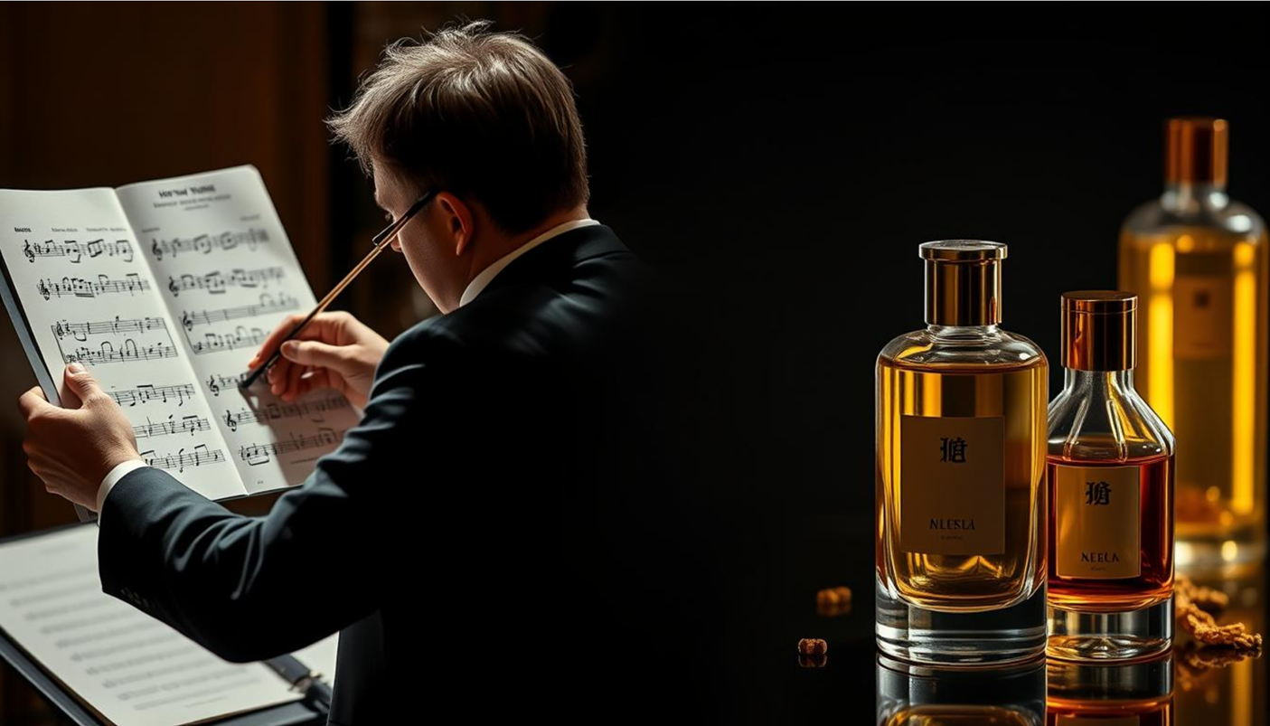 Musician playing violin reading sheet music alongside luxury perfume bottles