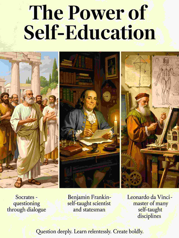 The Power of Self-Education poster featuring Socrates, Franklin, and da Vinci
